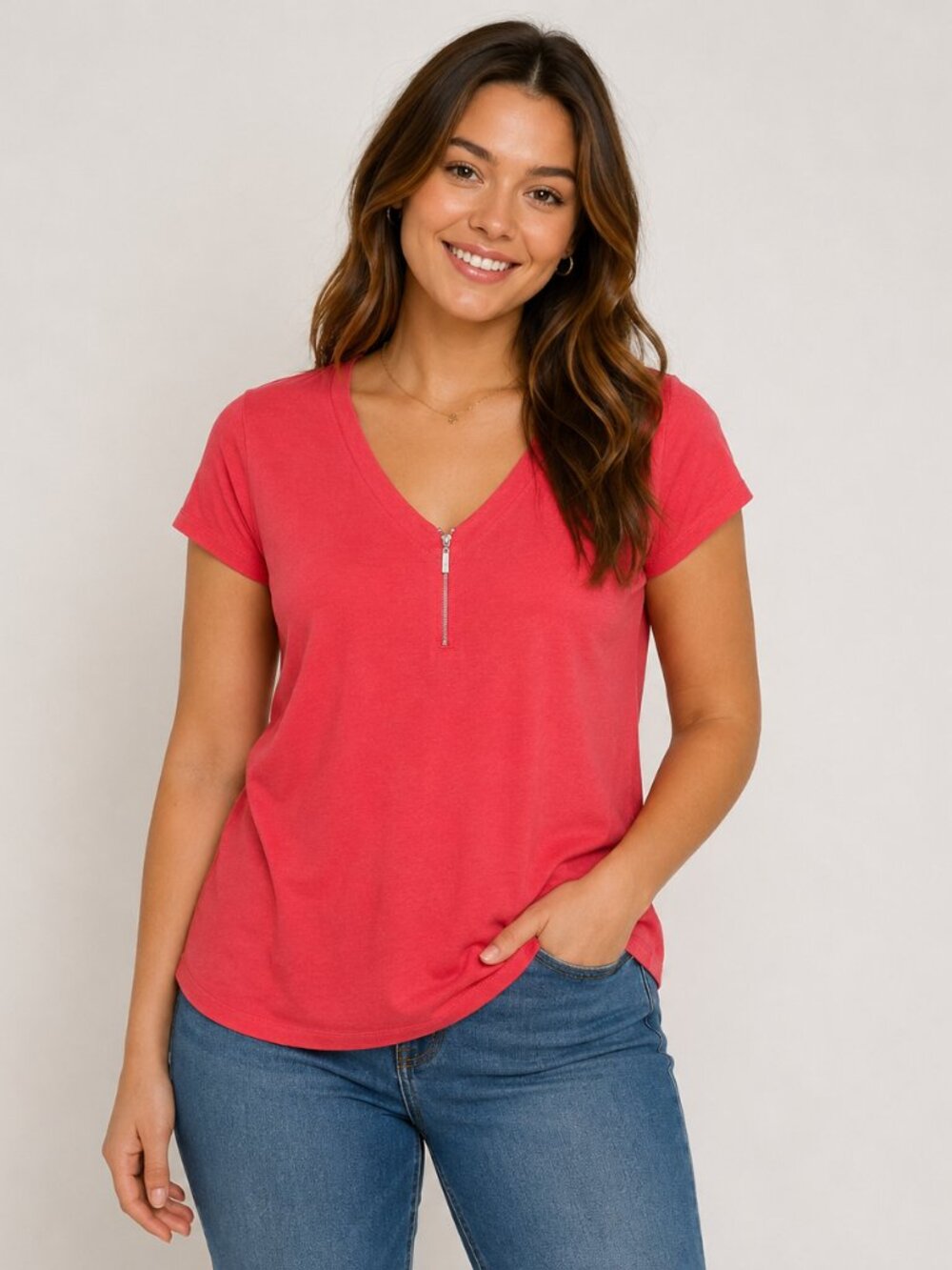 Laura Plus XXL Red Short Sleeve V-Neck Zip Neck Top
